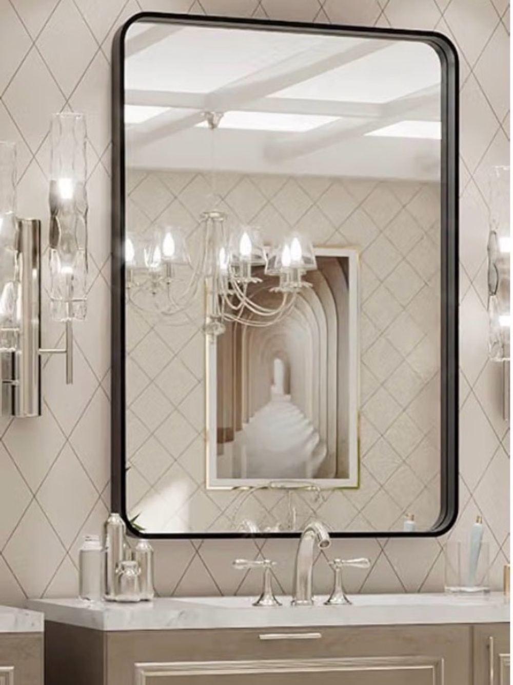 Black Rounded Rectangle Bathroom Mirror - Wall-Mounted